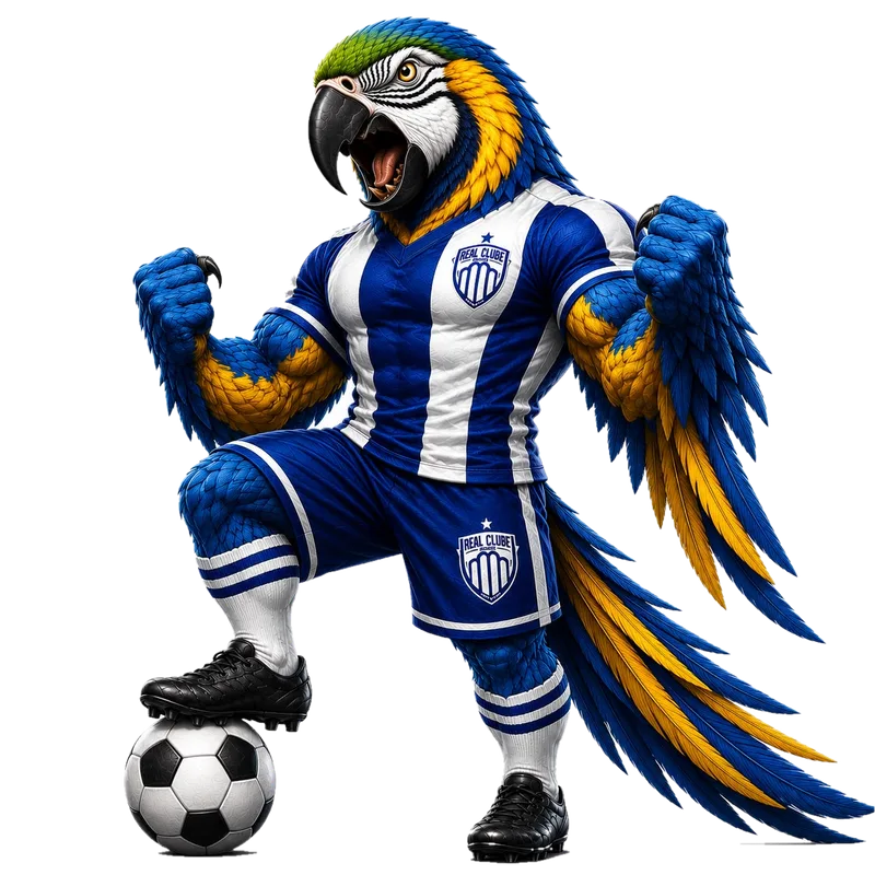 Mascote do Real Clube Aracaju, uma arara-canindé de uniforme, com o pé sobre a bola